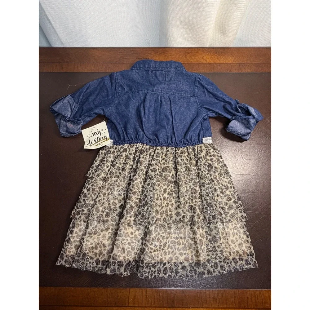 My Destiny Girls Denim and Leopard Tulle Tiered Dress 2T Blue Tan 35020 NWT